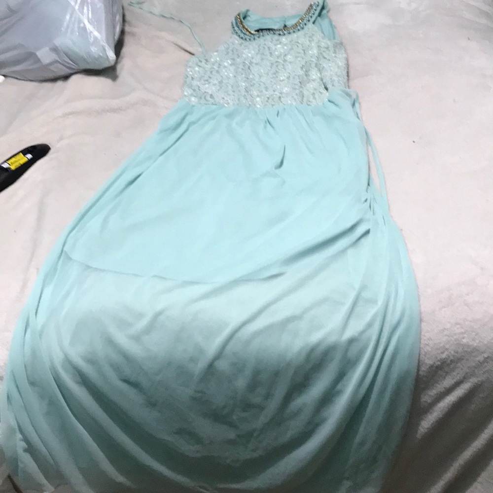A light blue long prom dress